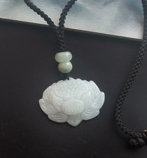 3D, Lotus Flower Natural Jadeite Jade Stone Amulet Pendant, Grade A Stone, Adjustable Rope Cord Necklace, Gemstone Men Women Necklace