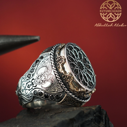 Ram Ring, Signet Animal Jewelry Silver Accessory, Antler Sterling Wild Masculine Ring