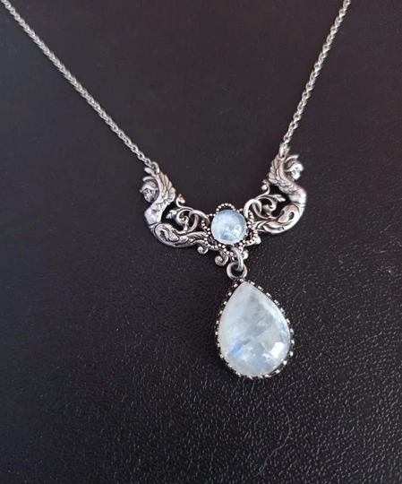 Silver Moonstone Necklace, Victorian Vintage Style Angels Goddess Jewelry