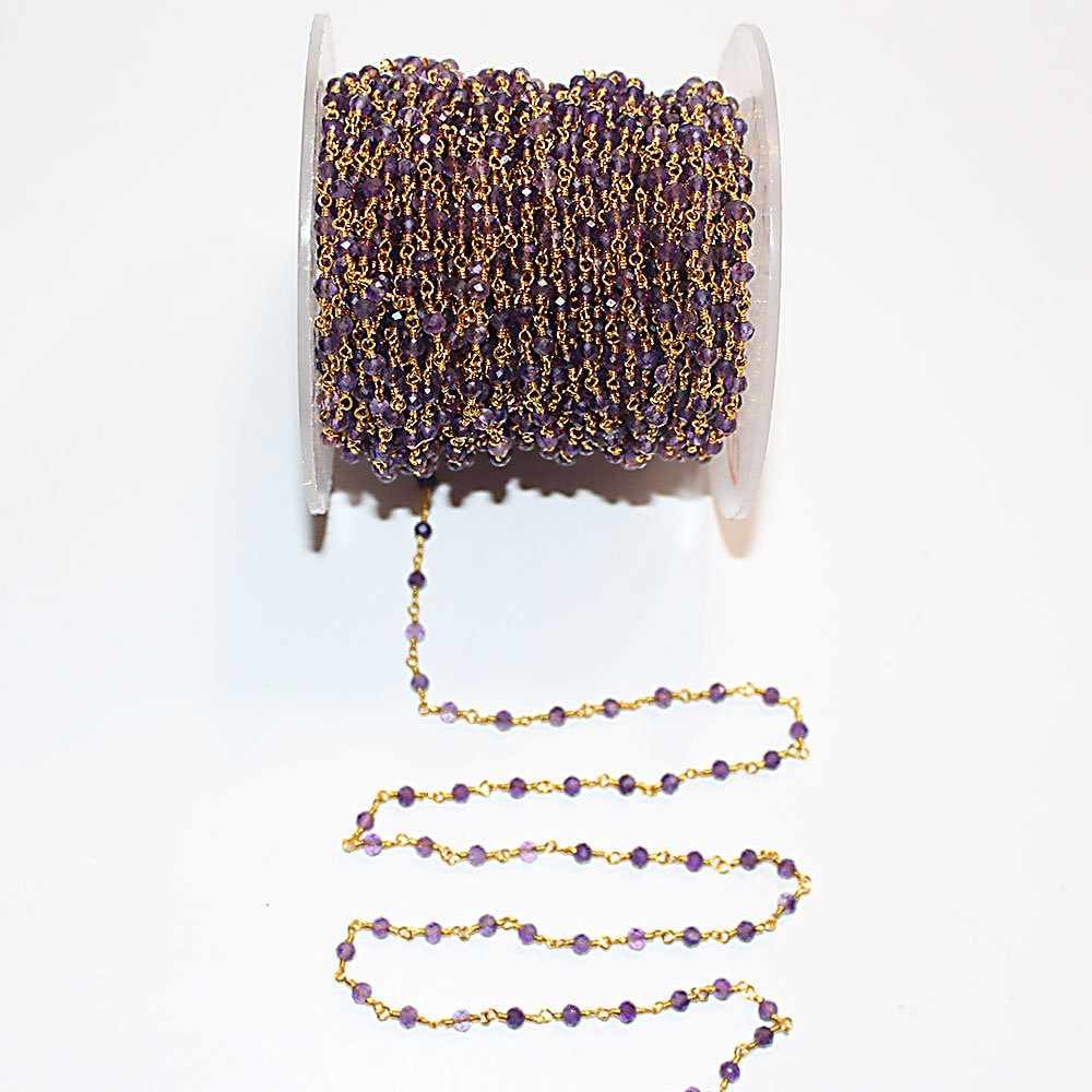 Amethyst Beads 1.75mm Rosary Chain 24K Gold Plated Over Silver Wire Wrapped Natural Semi Precious Gemstone Jewelry Making For Necklace
