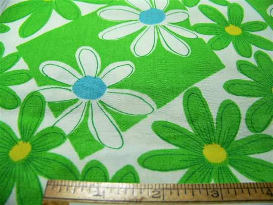 Vintage 1960's Cotton Blend Fabric Curtain Panel Mod Daisies Green Blue Yellow White 65" Wide By 80" Long Quilting Sewing Decorating Invbl