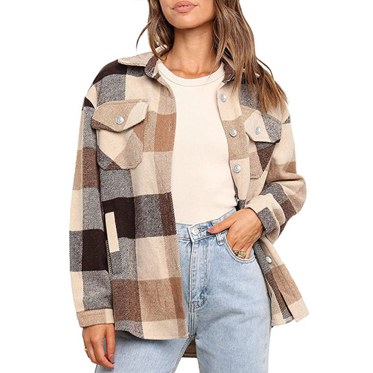 Womens Casual Plaid Wool Blend Button Down Long Sleeve Shirt Jacket Shackets - brown, m