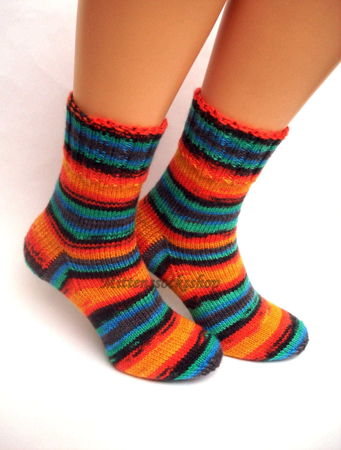 Knitted Socks Hand Knit Orange Blue Black Women's Girl's Striped Athletic Men's Winter Warm