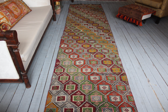 2'8"x 11'3" Runner, Vintage Green Kilim Runner Rug, Ethnic Handmade Runner, Bohemian, Green Wool Rug, Turkish