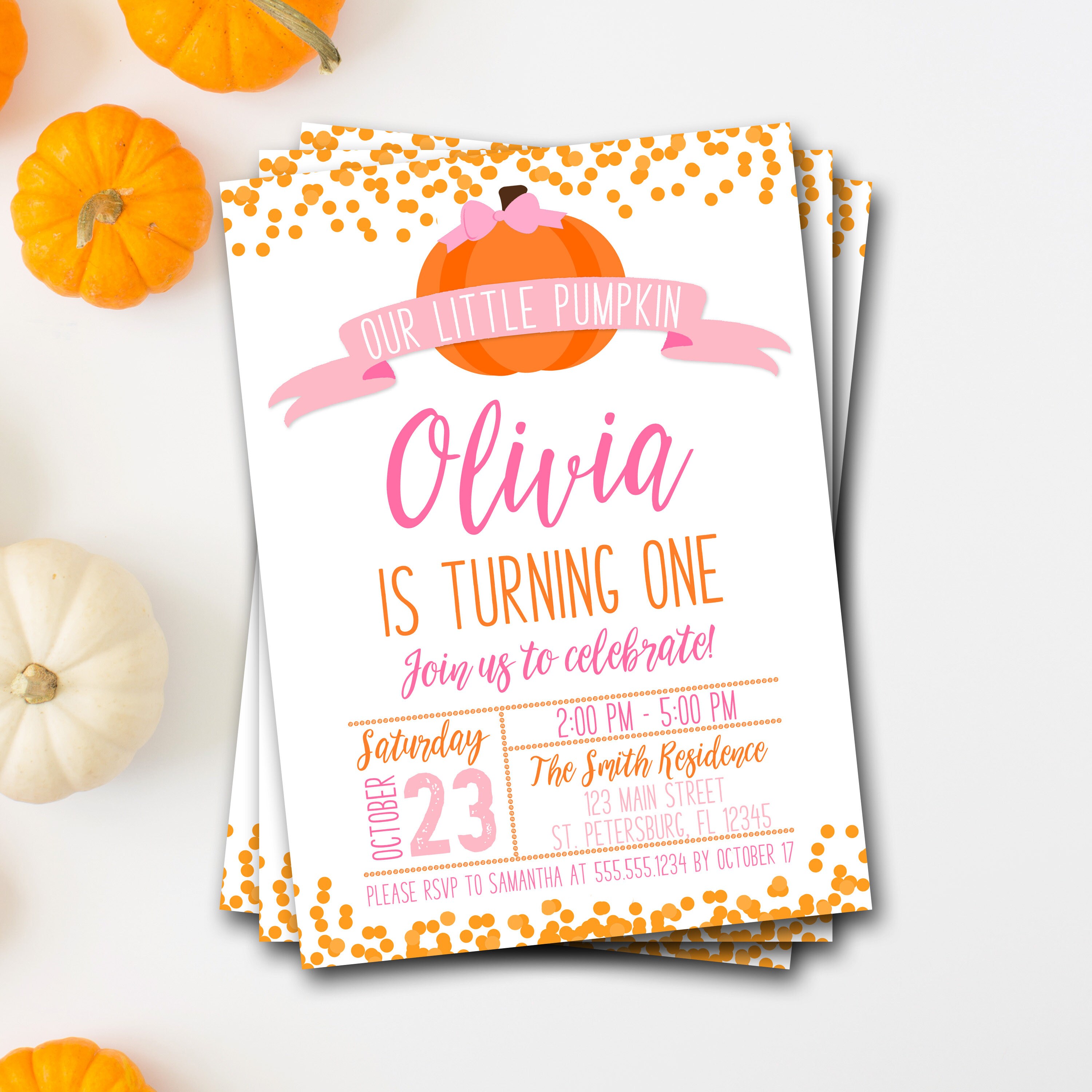 Pumpkin Birthday Invitation, First Halloween Birthday, Invite, Pink Pumpkin, Our Little