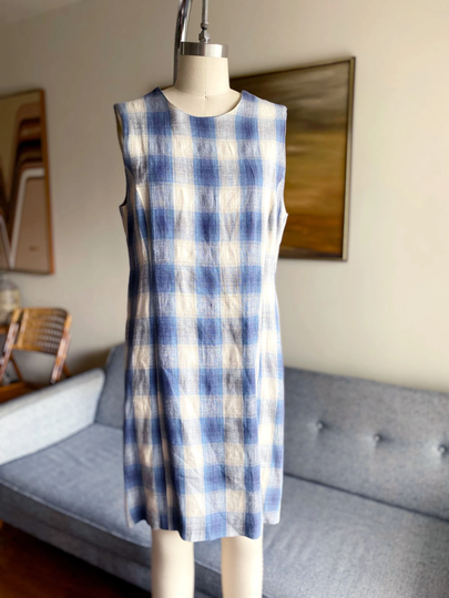 Vintage 90's Linen Blend Dress, Plaid Shift M L