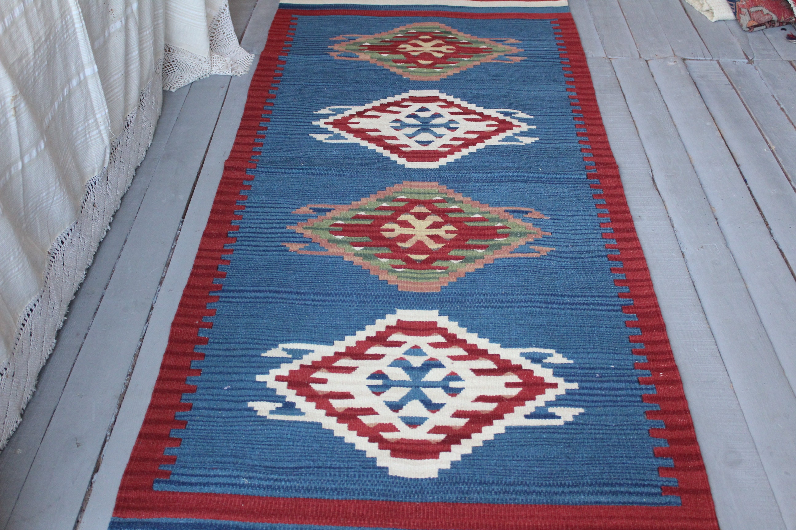 2'7x6'7Feet Vintage Kilim Runner Rug, Ethnic Throw, Bohemian Blue Runner, Aztec Rug"