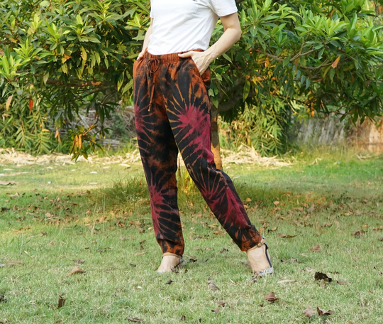 Boho Hippie Tie Dye Linen Blend Rayon Tapered Pants, Festival Resort Rainbow Summer Pants - P16