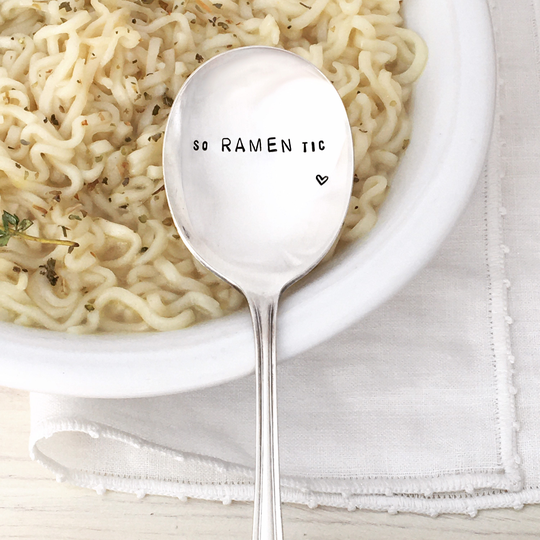 Ramen Noodle Spoon - Hand Stamped Vintage Silverware Date Night In, Valentine, Foodie Gift