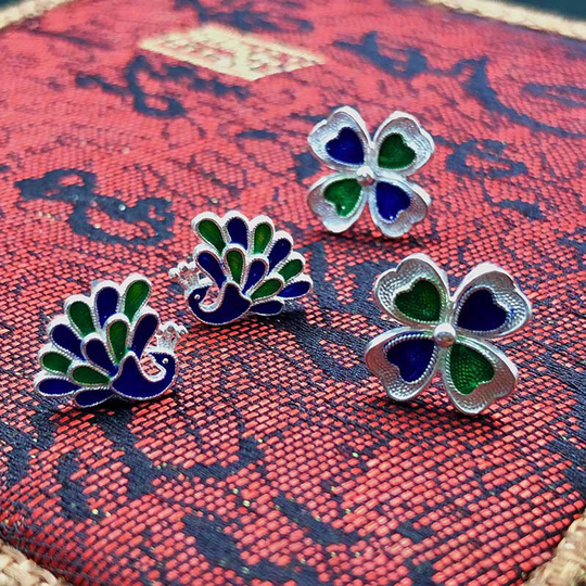 Cloisonne Peacock & Flower Earrings Solid S990 Pure Silver Stud