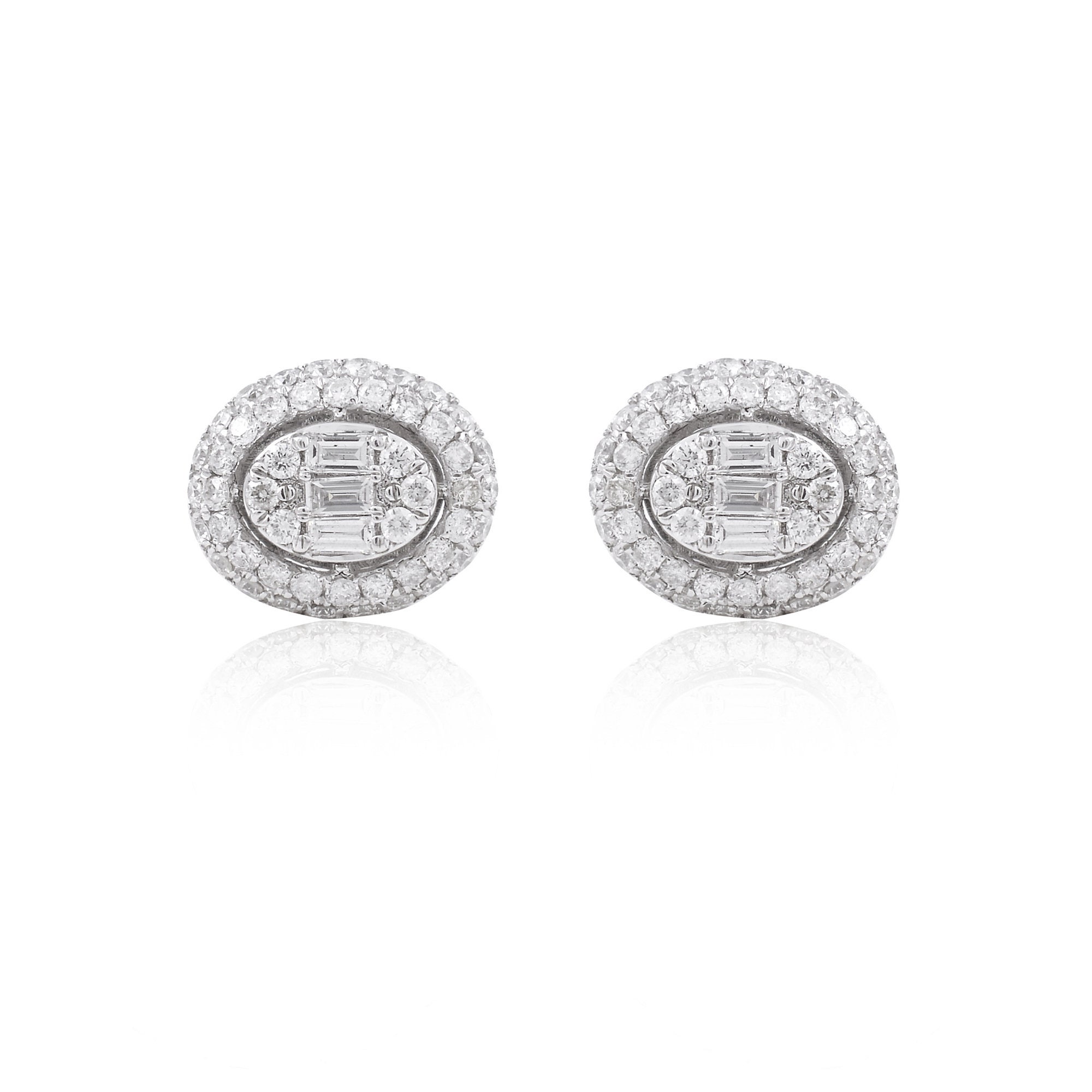 Diamond Earrings Solid 14K White Gold Natural 1.30 Ct. Hi Color Si Clarity Baguette Pave Oval Stud Handmade Jewelry