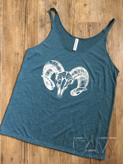Ram Skull Printed Women's Slouchy Tank Top, Heather Teal Aries Soft Flowy Tank, Screen Bella+Canvas Top