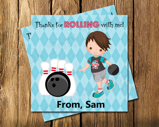 Bowling Party Labels, Birthday Gift Tags, Thank You Boy Favor Printable Personalized Tags