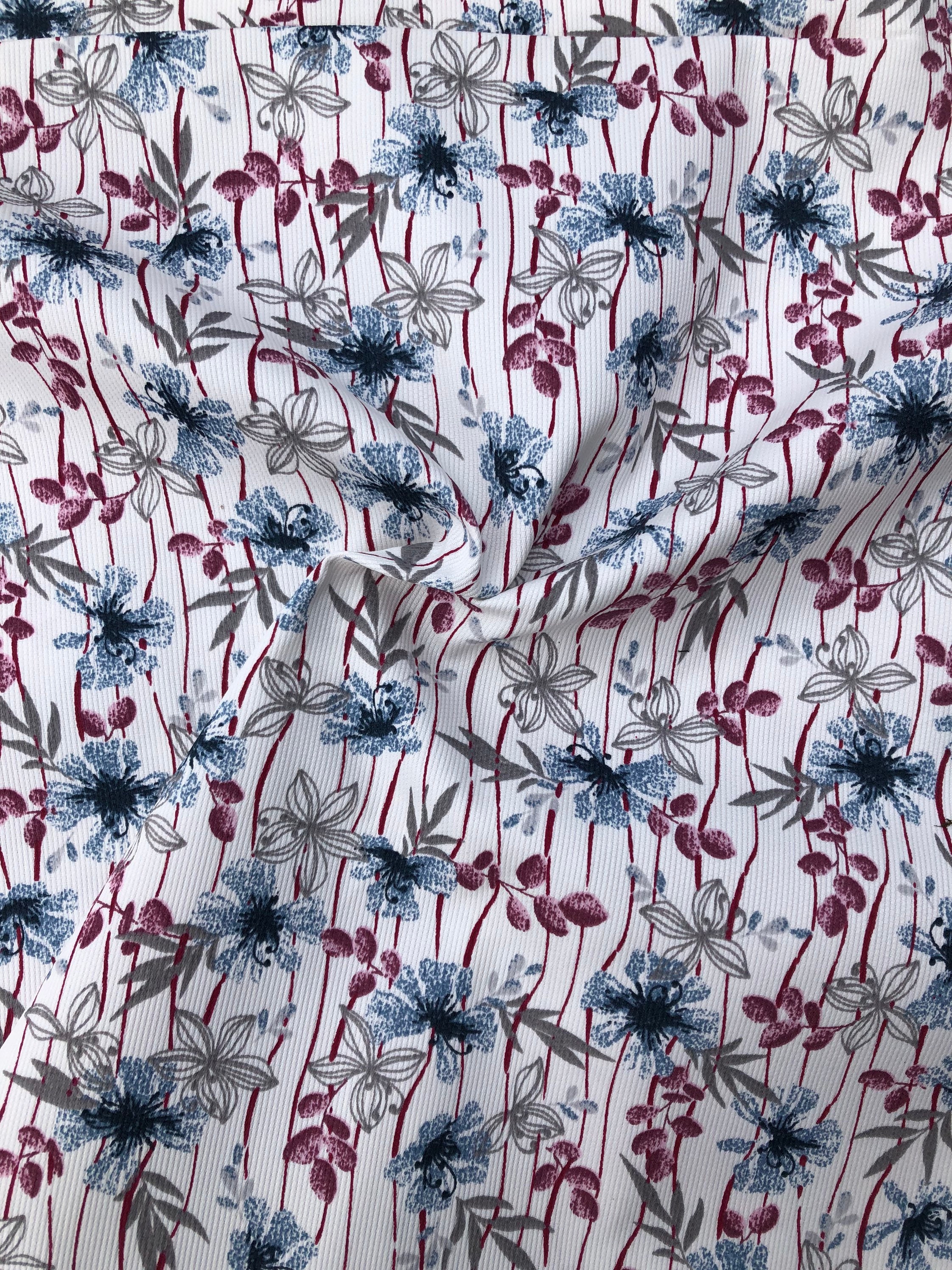 Poly Cotton Blend Print Burgundy/Blue On Cream 58/60 By The Yard/Half Yard