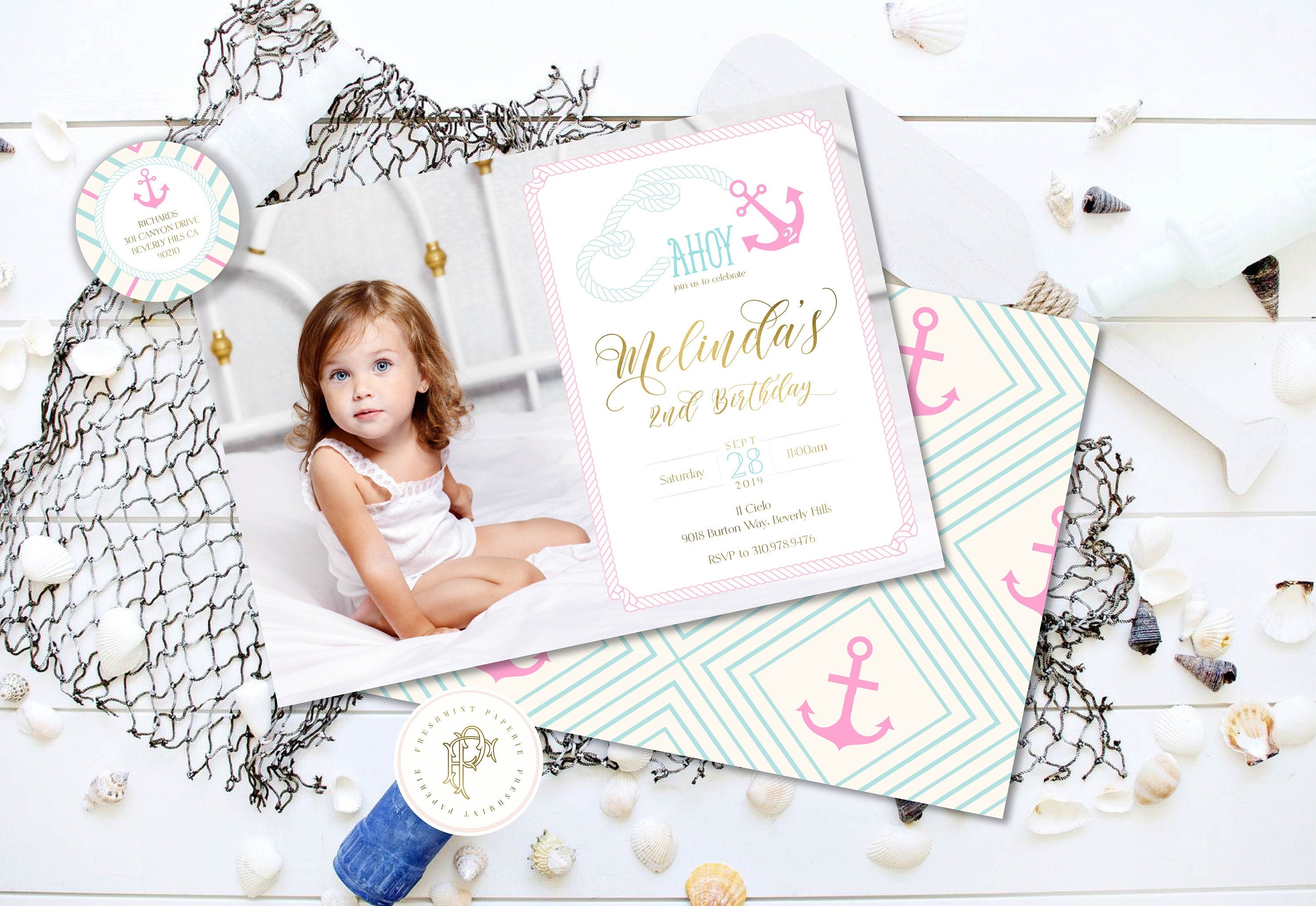Nautical Birthday Invitations, Girls Invitation, Ahoy Party Anchor Picture