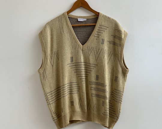 Vintage 80's Cotton Blend Man's Beige Yellow Grey Knitted Sleeveless Sweater Waistcoat Size Xxl