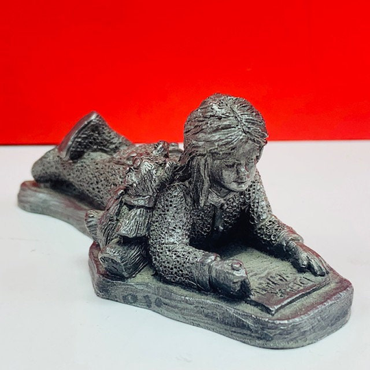 Michael Ricker Pewter Figurine Sculpture Vintage Statue Folk Art Signed Signature Vtg 1995 Dear Santa Christmas List Girl Pajamas