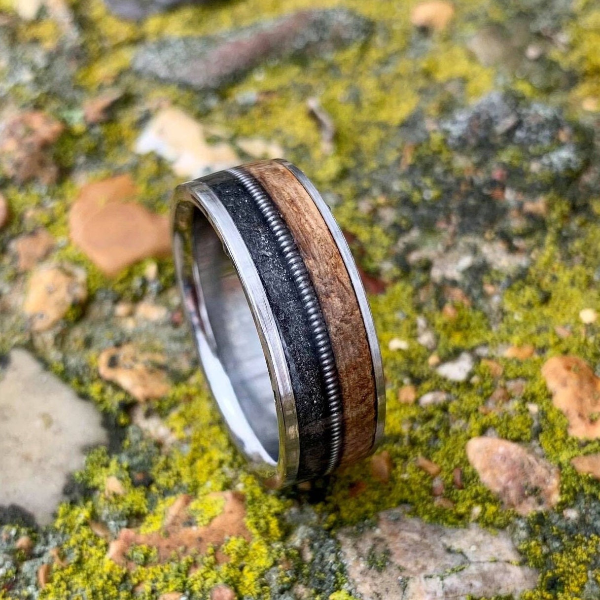 The Gunslinger Ring - Titanium Wedding With Whiskey Barrel Wood & Guitar String Inlays
