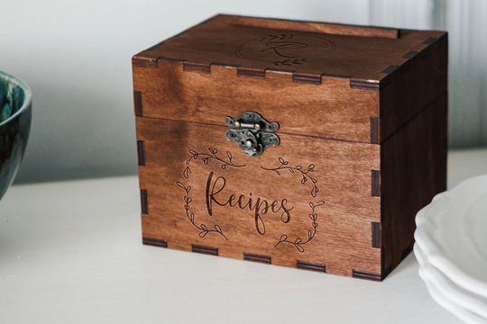 Family Recipe Box, Personalized Box Wood, Custom Recipe With Dividers, Engraved For Bridal