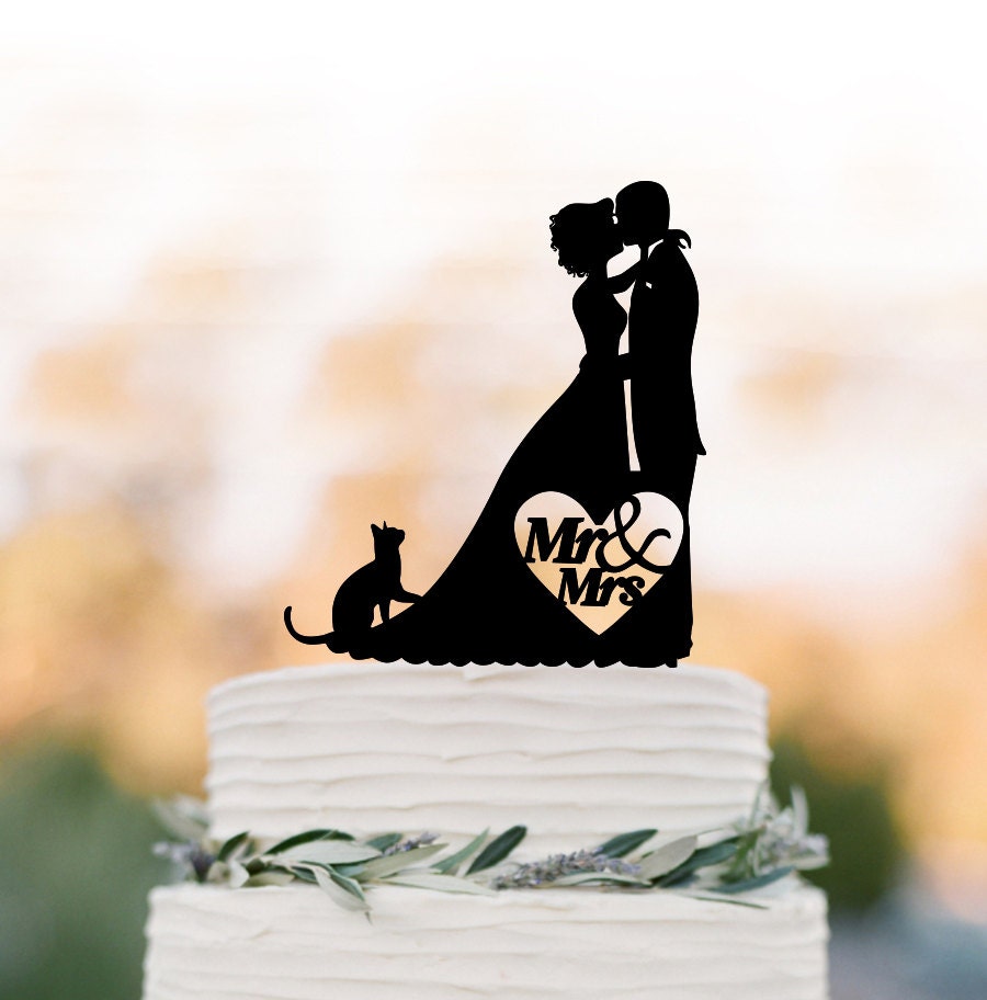 Bride & Groom Silhouette Cake Topper For Wedding, Cat Topper, Birthday, Funny Wedding Acrylic