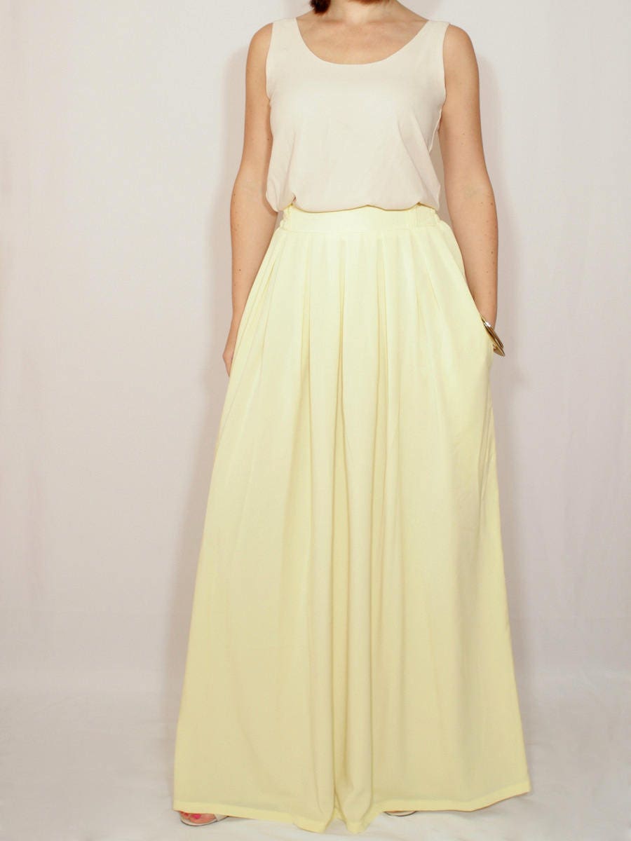 Yellow Long Pleated Skirt With Pockets, Pale Yellow Chiffon Maxi