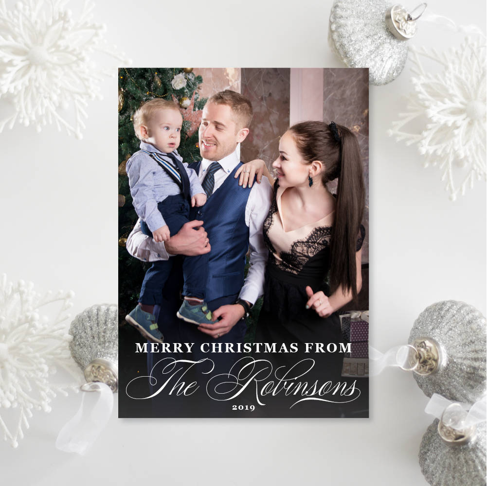 Printable Or Printed Calligraphy Photo Christmas Cards - Elegant Holiday With Name in Script Portrait 024 P1