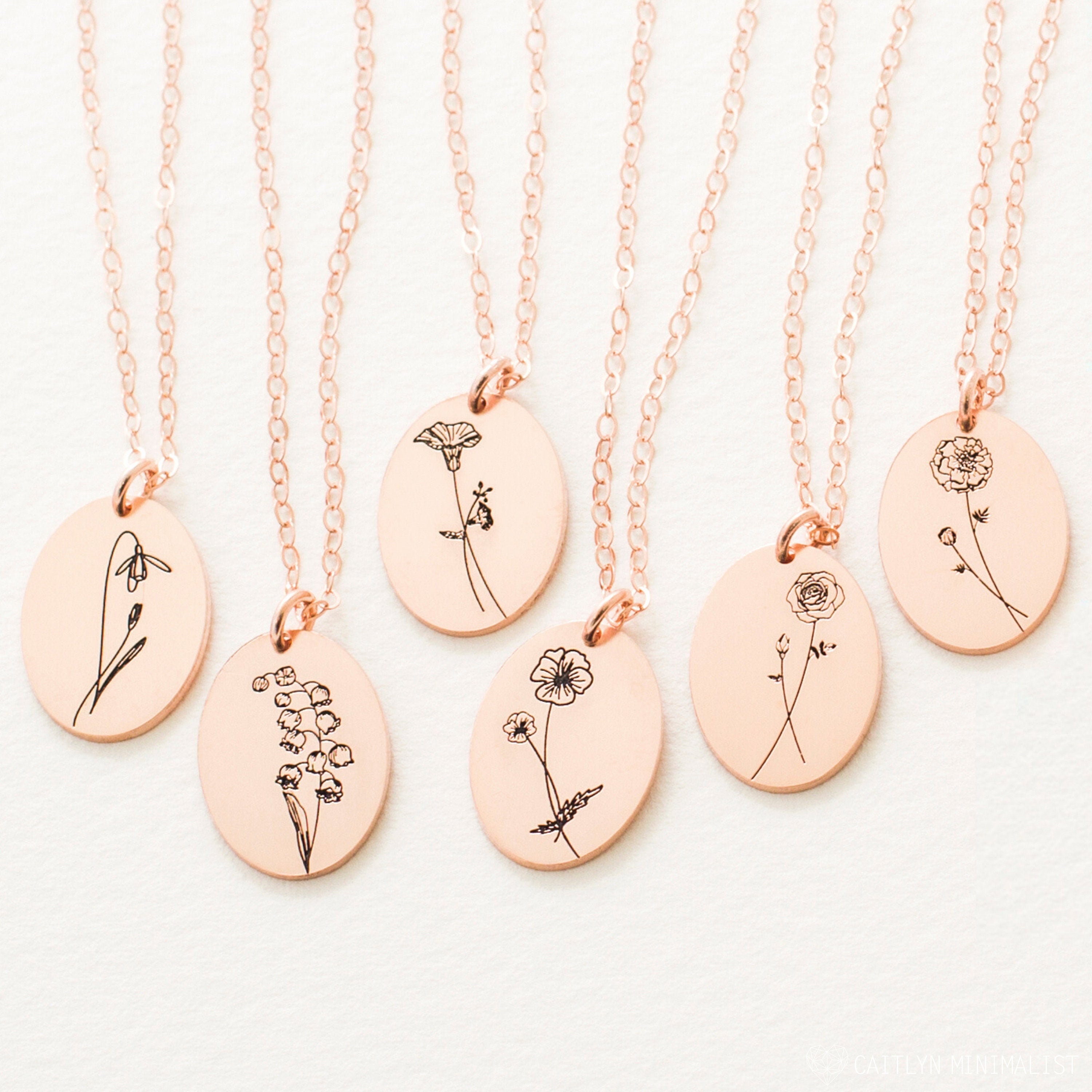 Minimalist Floral Necklace Dainty Birth Flower in Sterling Silver, Gold & Rose By Caitlynminimalist Gift For Her Nm48B