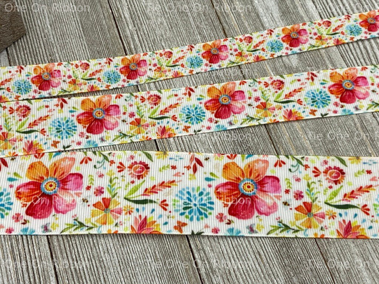 Blended Flowers Printed Grosgrain Ribbon - 5/8" 1" 1.5" Sew Craft Decor Scrapbook Luggage Tags Key Fob Bow Collar