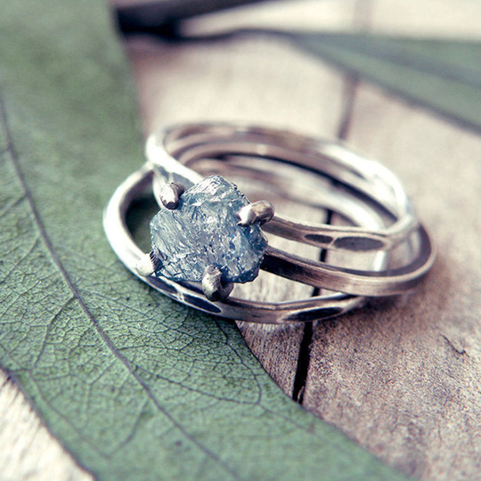Something Blue, Raw Diamond Engagement Ring, Flat Rustic Alternative Wedding Promise Ring in Different Diamonds