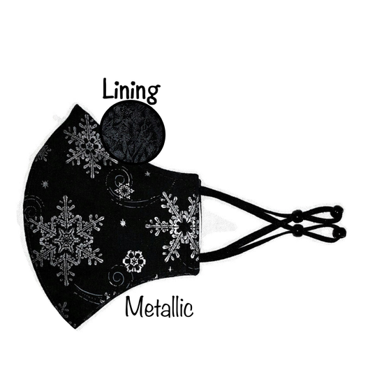 Snowflakes Face Mask, Silver Metallic On Black, Premium Lining, Removable Nose Wire, Adjustable Ear Loops, Washable Cotton