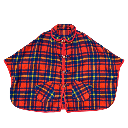 60S Mod Plaid Wool Poncho | Vintage Rainbow With Brass Clasps Talon Zipper One Size