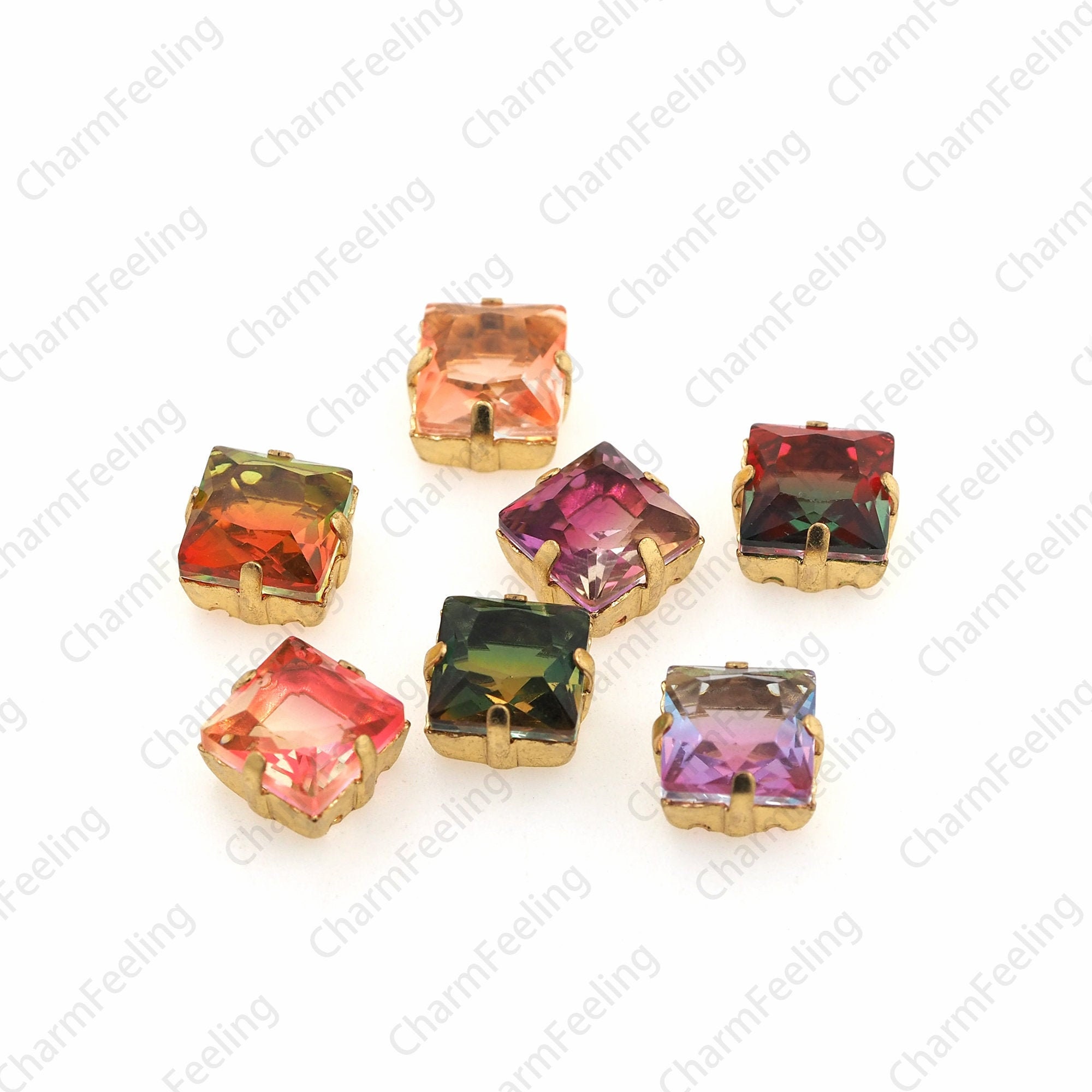 10Pcs, Multi-Color, Multi-Size Optional, Sewn Glass Crystal With Gold Claw, Flat Back Rhinestone, Ab
