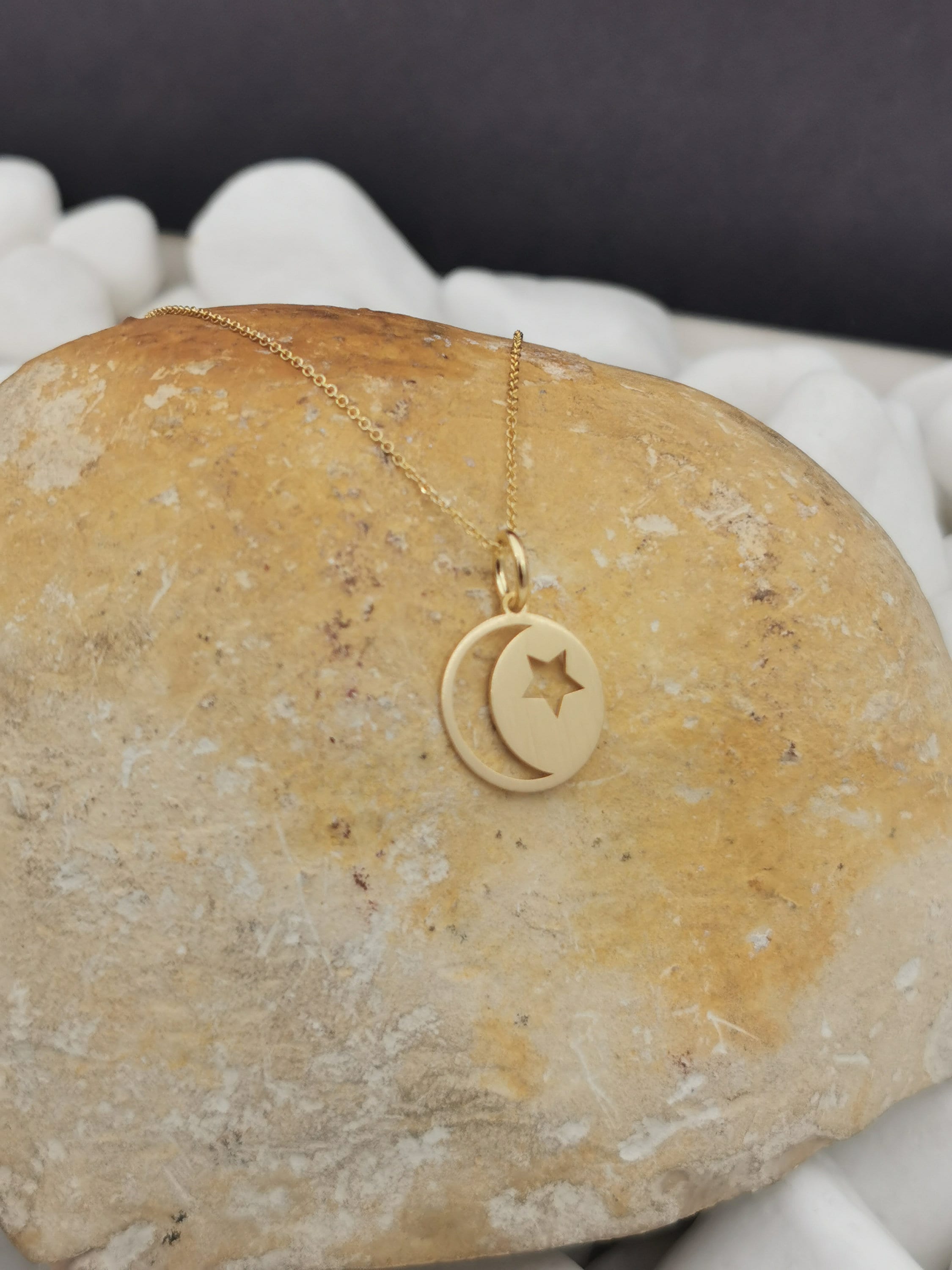 Dainty 14K Solid Gold Moon & Star Necklace, Real Jewelry, Matte Finish Pendant, Perfect For Layered Necklace