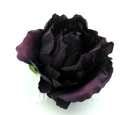 4" Elegant Deep Purple Silk Bourbon Rose Flower Hair Comb