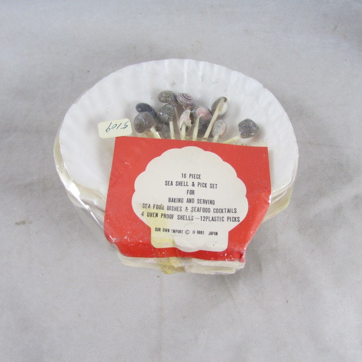 Seashell Dishes & Pick Set Oven Proof Appetizer Party Picks 16Pc Cocktails Seafood Baking Serving New Old Stock Japan Made Vintage