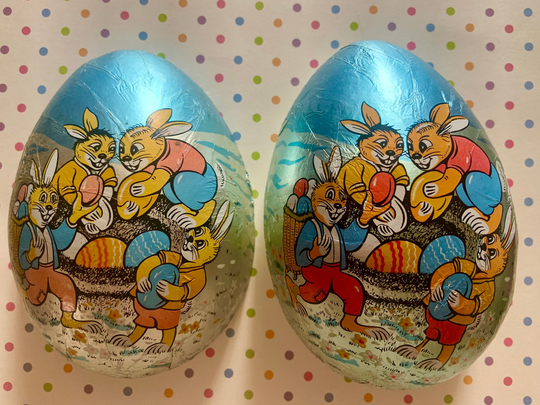 Vintage Foil Covered Cardboard Easter Egg Candy Container With Bunny Rabbits Delivering Eggs West Germany