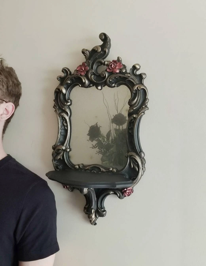 Black Mirror Shelf, Gothic Home Decor Bedroom, Vintage Mirror, Gallery Wall Frame, Ornate & Gold Frame