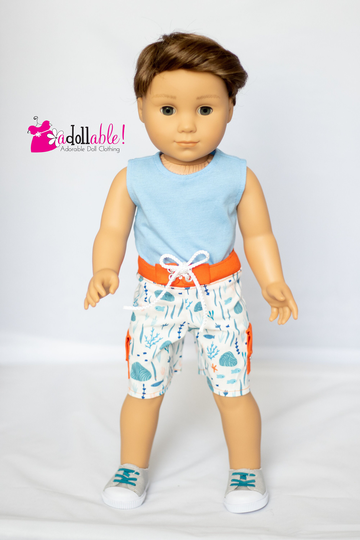 Fits Like American Boy Doll Clothes/18 Inch Ocean Adventures Board Shorts With Powder Blue Tank Top
