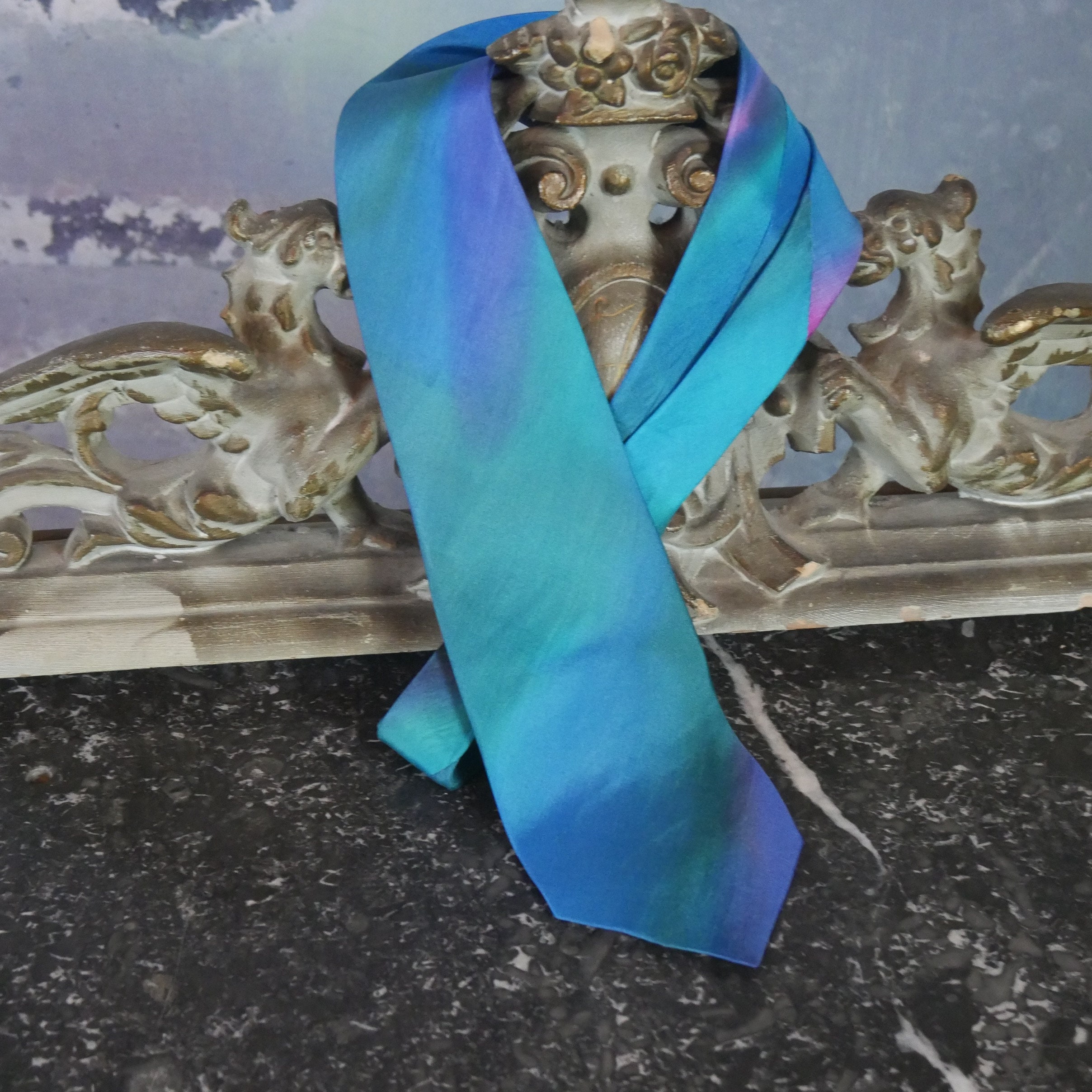 Silk Tie, British Vintage Blended Abstract Pattern in Metallic Sea Foam Green Blue & Purple, Men's 1980S Necktie