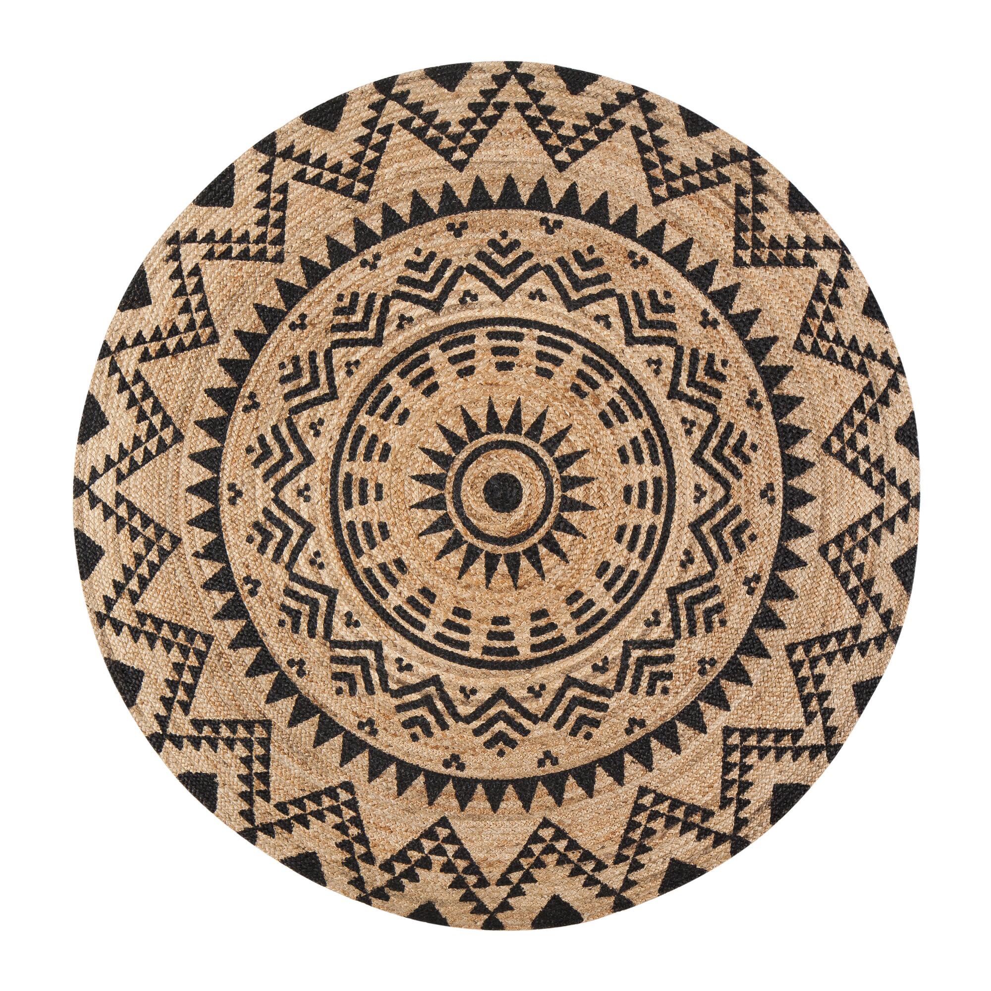 Round Natural and Black Jute Cortez Area Rug: Black/Natural - Natural Fiber - 8' Round by World Market