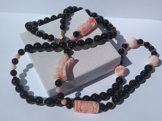 Antique Chinese Sterling Filigree Clasp Onyx & Angel Skin Coral Shou Beads Necklace, Asian Jewelry, Carved Beads