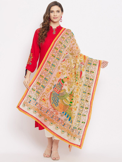 Women's Cotton Blend Multicolored Ethnic Motifs Embroidered Dupatta With Kantha Work Free Shipping