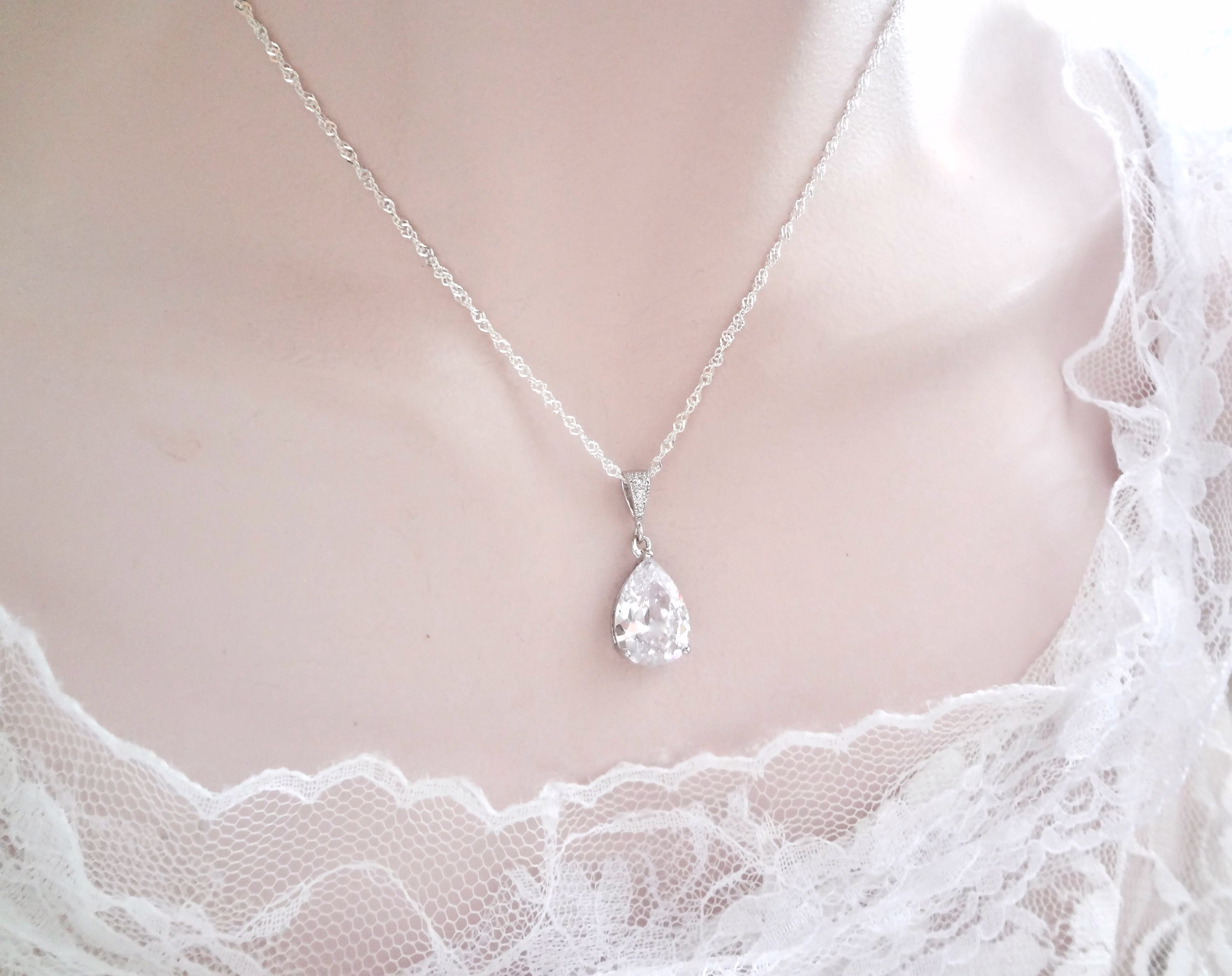 Petite Cz Teardrop Simple Wedding Necklace For A Bride Bridesmaids Maid Of Honor Mother Sterling Chain Bridal Jewelry Gift For Her