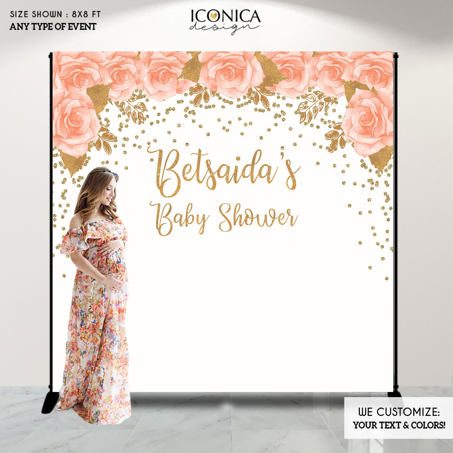 Virtual Baby Shower Backdrop, Peach Flowers & Gold Decor, Any Wording, Printed Or Printable File Bbr0030