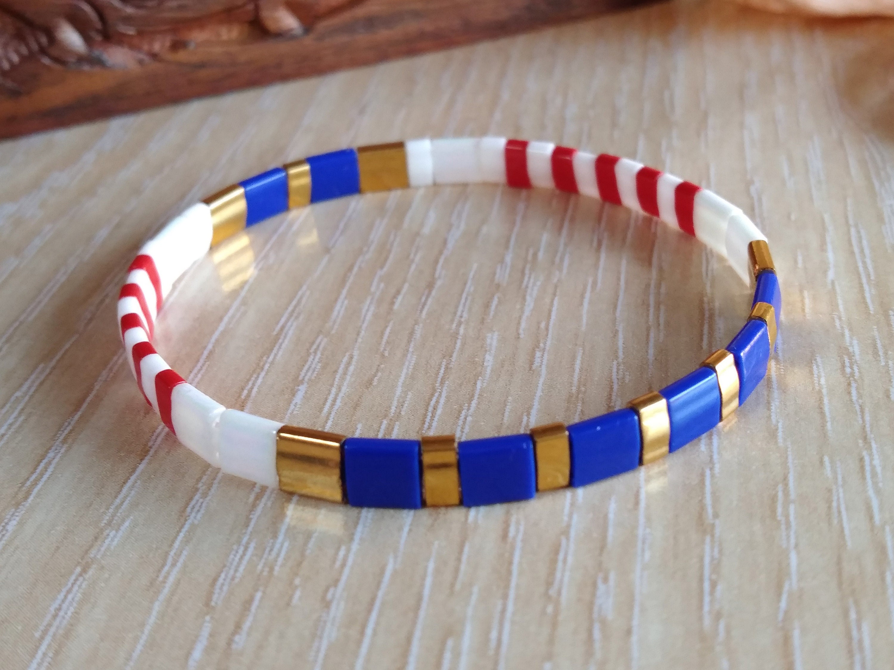 Bracelet Tila Gold Plated Miyuki Flat Beaded, Stacking American Bracelet, Red White Blue Us Flag Tile Bracelet, Tilu, 4Th July Gift For Him