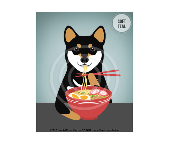 655Dp Ramen Art Prints - Black & Tan Shiba Inu Eating Noodles Wall Drawing Foodie Noodle Print