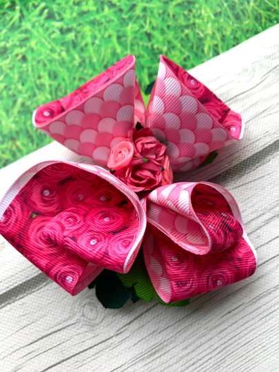 Handmade Hot Pink Hair Bow. Red Flowers Bow . Pink Roses Mother's Day