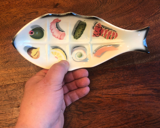Sale Mid Century Modern Glazed Ceramic Fish Shaped Graphic Appetizer Bowl/Condiment - Bar Decor Seafood Restaurant