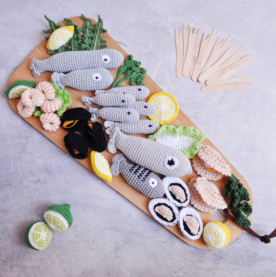 Crochet Seafood, Maxi Set 38 Psc. - Shell, Kale, Fish, Oyster, Shrimp, Lemon, Lime, Dinner, Pretend Play Food, Montessori, Amigurumi Toys