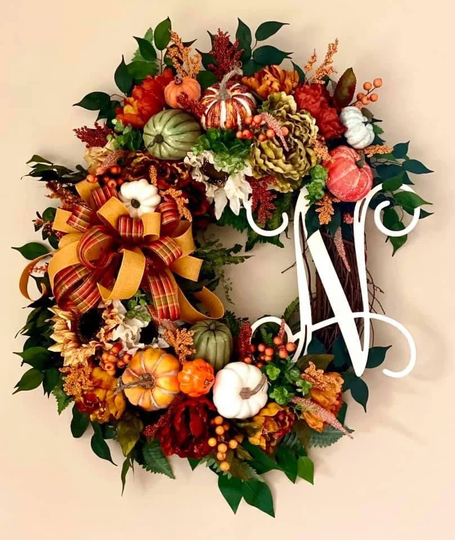 Fall Front Door Wreath, Decor, Rustic Florals, Hanger, Door Decor, Monogram Pumpkin